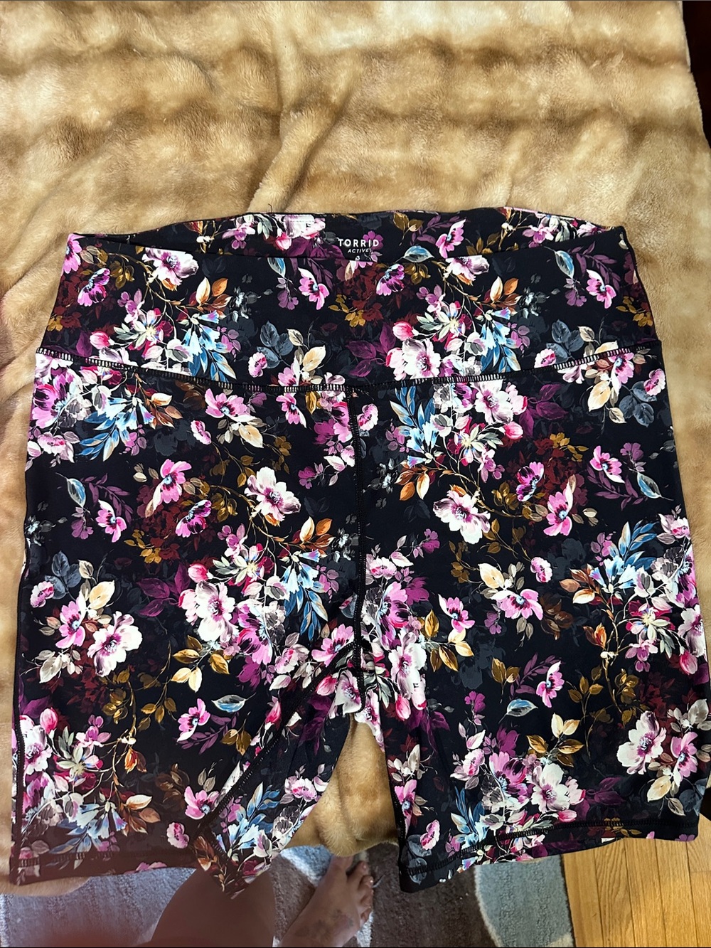 torrid Black Floral Bike Shorts with Pink, White & Blue Flowers